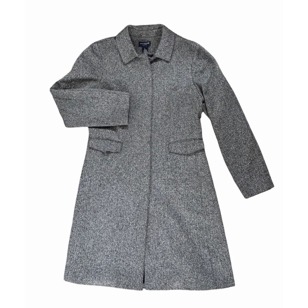 Ann Taylor Tweed Silk/ Wool Coat 6 Gray Quite Luxury Classic Hidden Buttons Midi